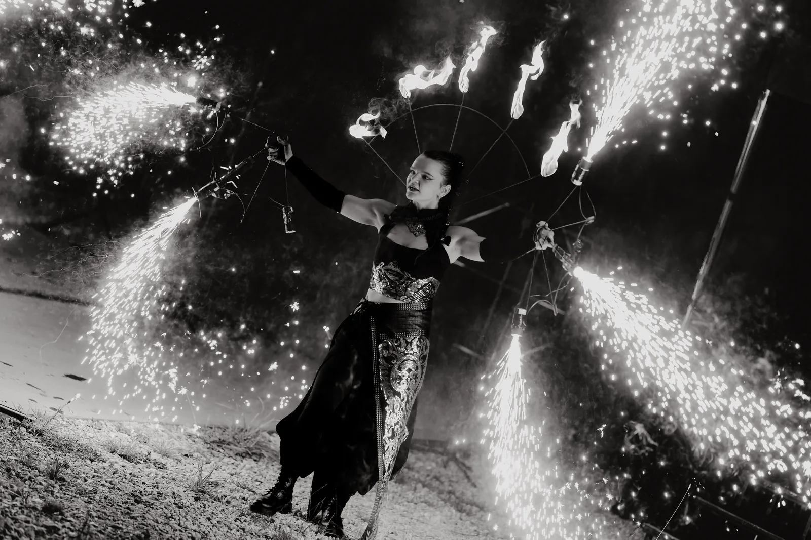 Fire-dance light patterns in black and white